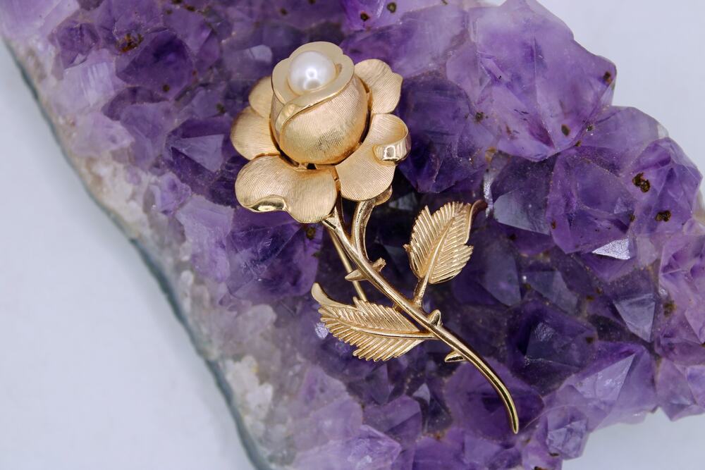 Vintage Crown Trifari Goldtone Rose Brooch with Faux Pearl Center